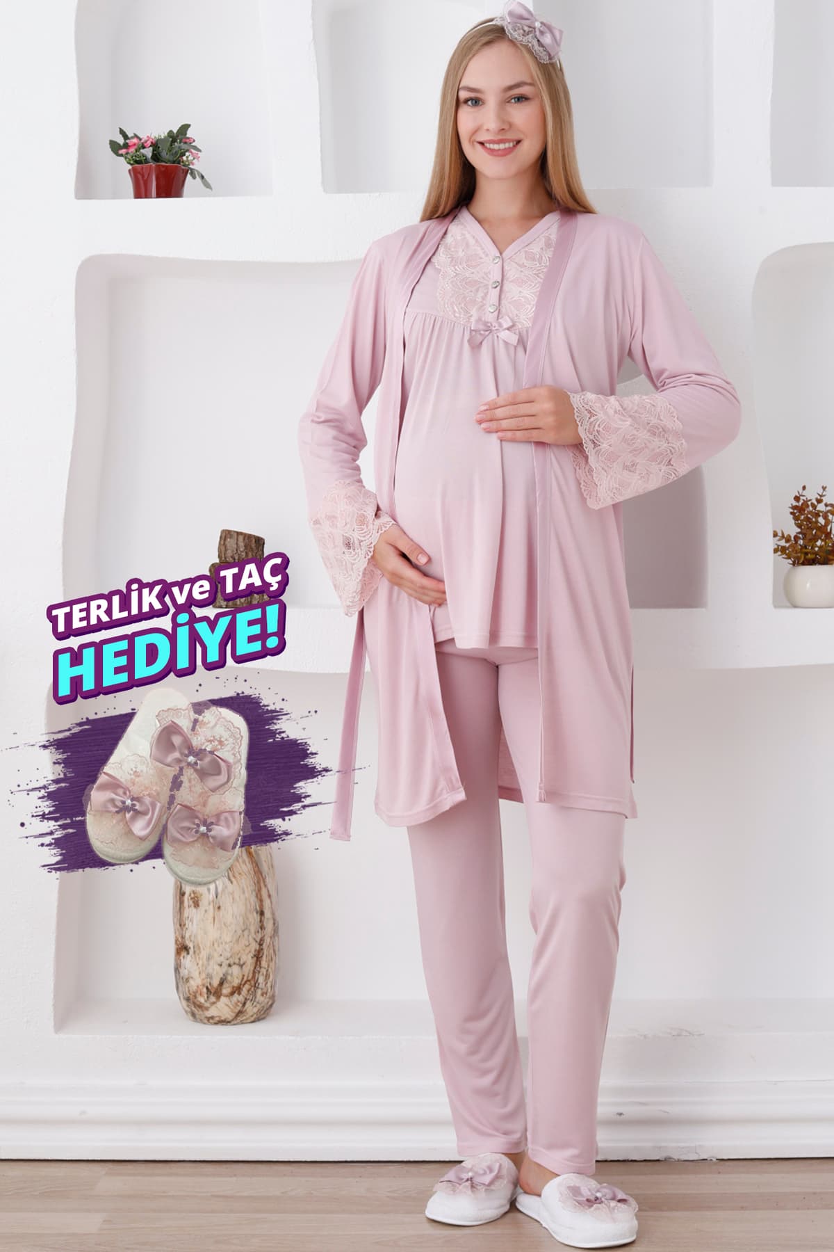 Uzun Kol ve Düğmeli Lohusa Pijama Takımı/3lü Hamile Pijama ve Sabahlıklı Takım/Terlik ve Taç Hediye