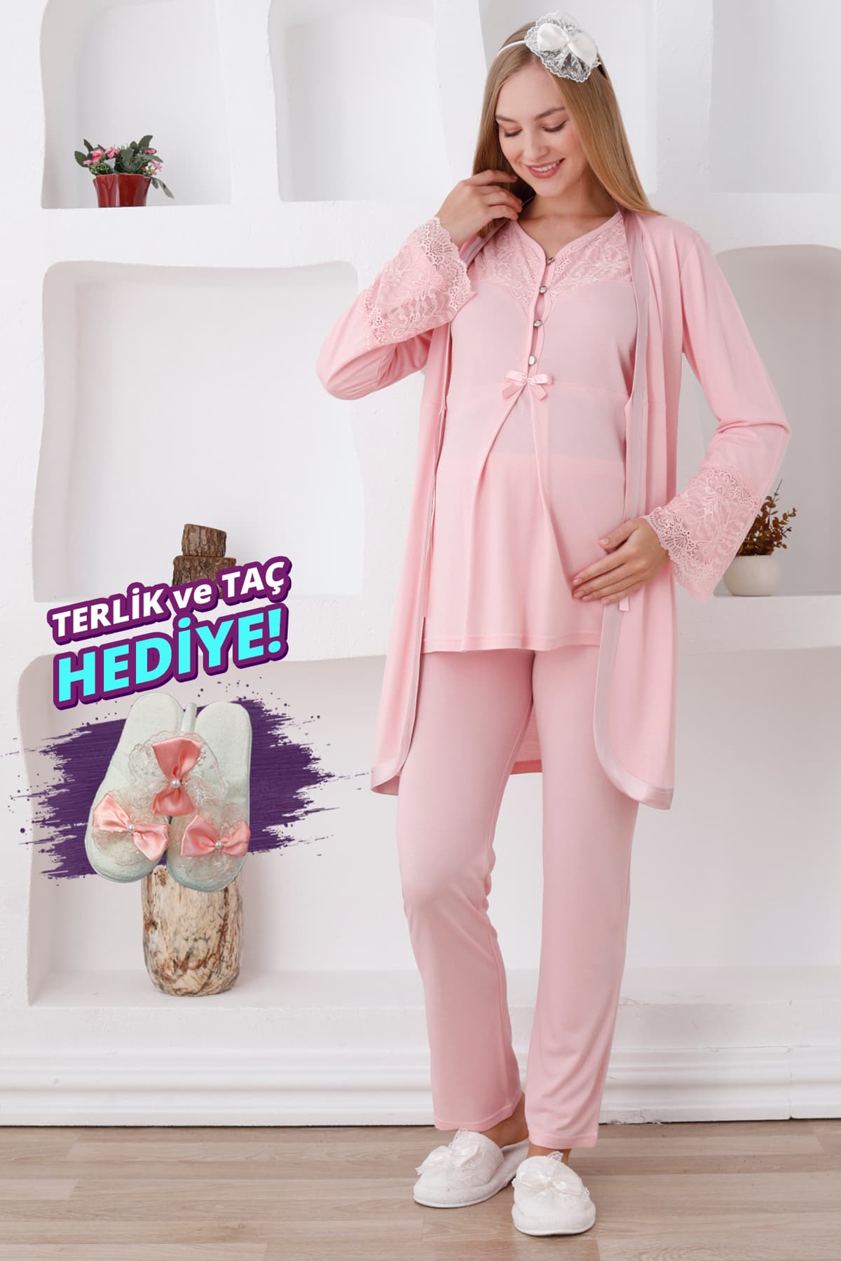 Uzun Kollu 7 Renk Hamile Pijama ve Sabahlık Takımı Dantelli/Terlik ve Taç Hediyeli