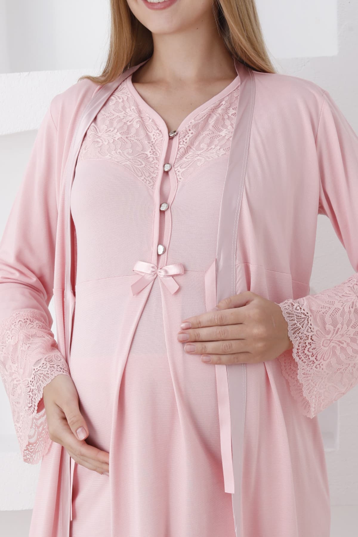 Uzun Kollu 7 Renk Hamile Pijama ve Sabahlık Takımı Dantelli/Terlik ve Taç Hediyeli - Detay