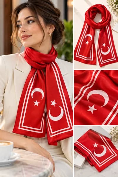 Türk Bayrağı Desenli Kırmızı Saten Fular – Çift Beyaz Çizgili Ay Yıldız Resmi Organizasyon Kurumsal Tören Stil