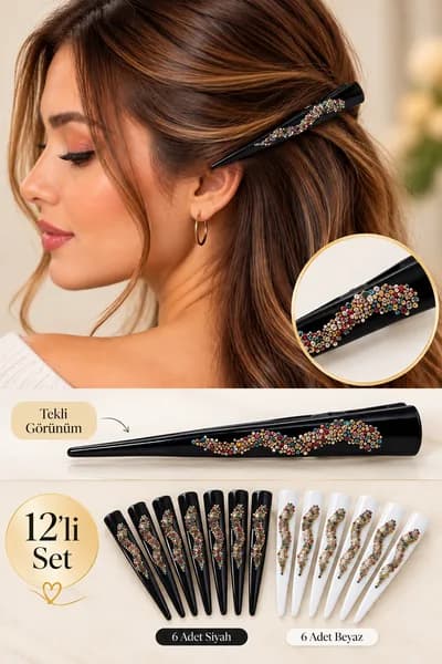 Metal Pens 12 li Set Saç Toka Klip Saç Tokası Renkli Taşlı Büyük Boy 12 cm Siyah Beyaz
