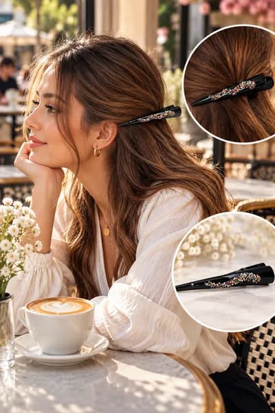 Metal Siyah Pens Saç Toka Klip Saç Tokası Renkli Taşlı Büyük Boy 12 cm