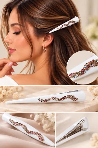 Beyaz Renkli Taşlı Metal Saç Tokası – Şık ve Işıltılı Yan Toka 12 cm - Detay