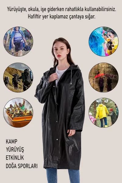 Kadın Erkek Yağmurluk Kapüşonlu Çıtçıtlı Eva Siyah Su Rüzgar Geçirmez Yağmurluk - Detay