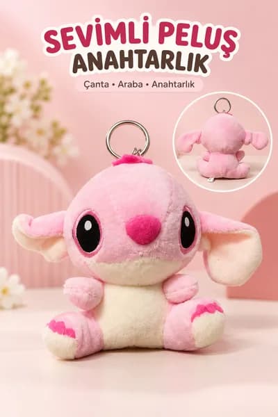Sevimli Stitch Peluş Pembe Oyuncak Anahtarlık Süsü ve Takısı – 13-14 cm Çanta Süsü - Detay