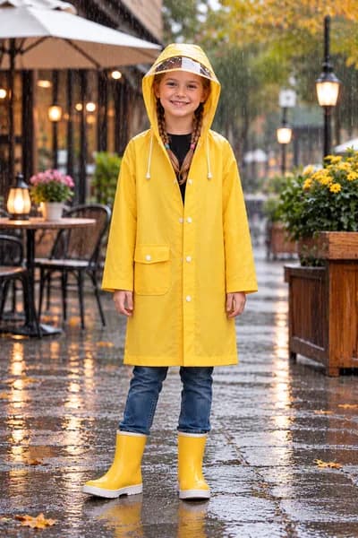 Siperlikli Kapşon Ve Cepli Unisex Sarı Çocuk Su Rüzgar Geçirmez Yağmurluk