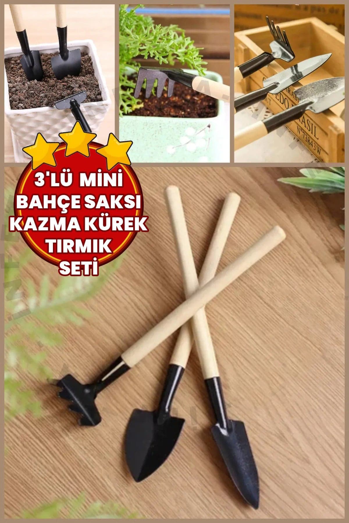 3 Parça Ahşap Saplı Demir Mini Bahçe ve Saksı Bakım Seti