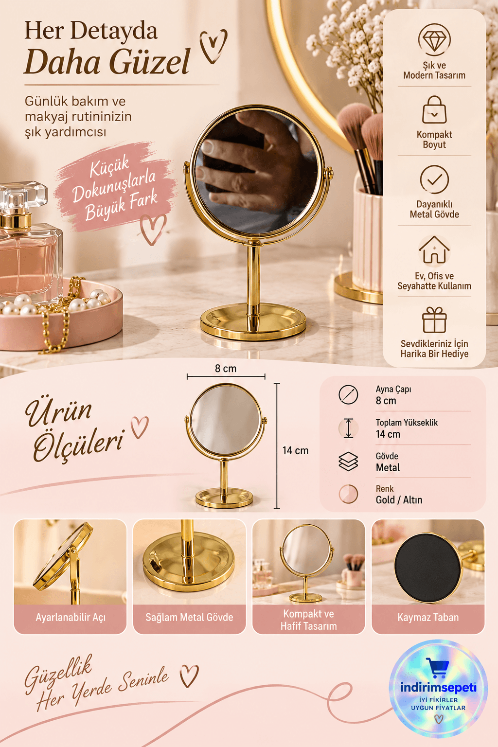 Gold Metal Masaüstü Makyaj Aynası 8 cm | 14 cm Ayarlanabilir Kozmetik Aynası - Detay