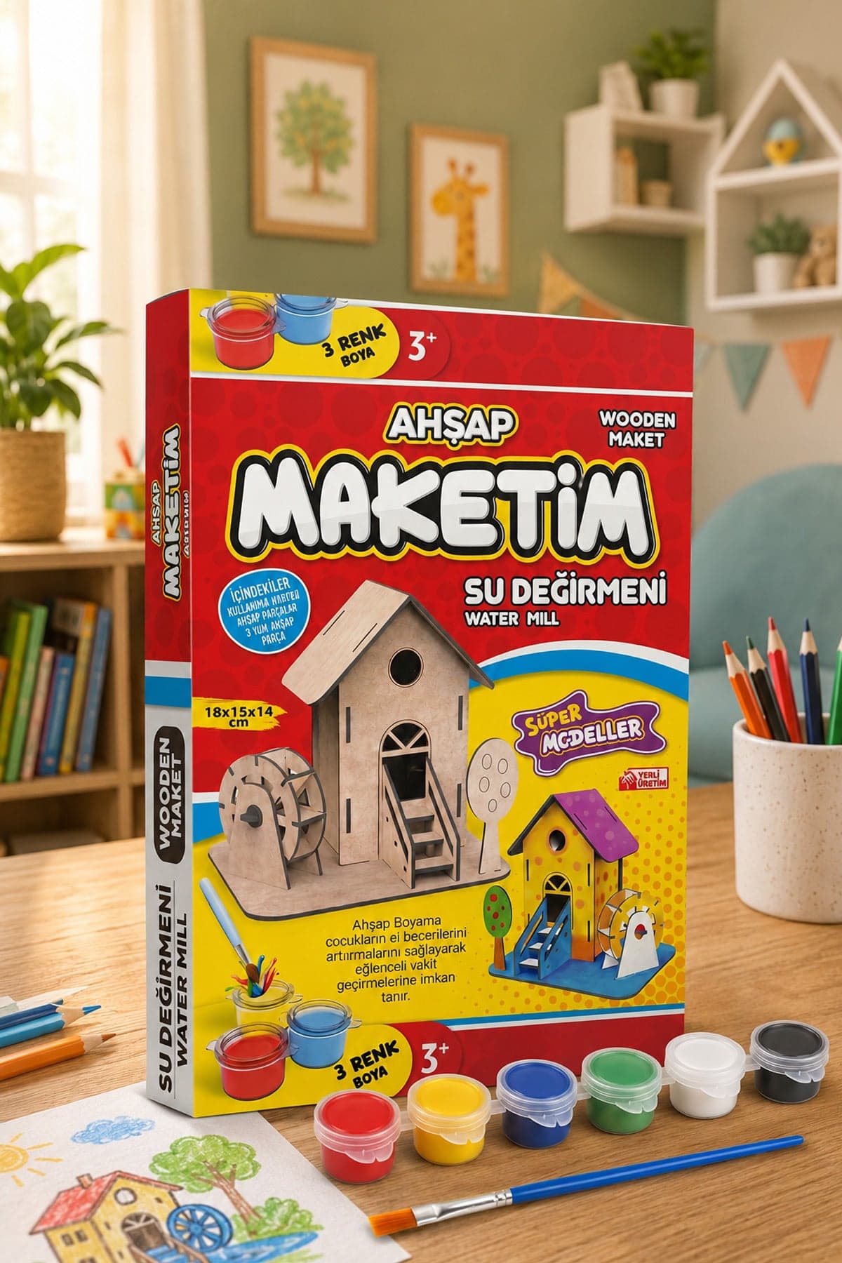 Ahşap Maket Boyama Seti Su Değirmeni | 2 Adet 6’lı 3 ml Boya Kutusu ve Fırçalı Çocuk Etkinlik Seti - 2