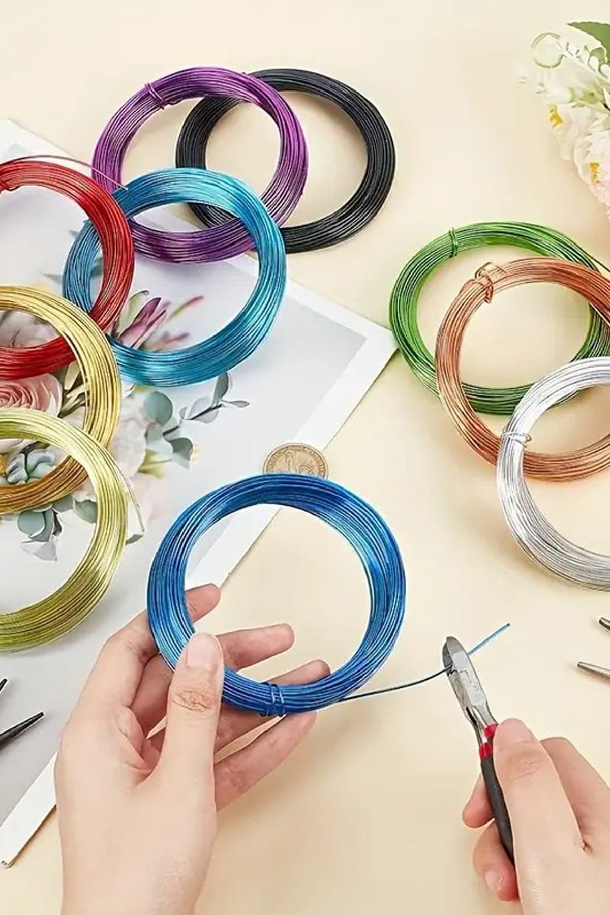 Renkli Alüminyum El Sanatları Teli 5 Metre 1 Adet | 1 mm Esnek Kaplama Metal Tel – Takı, Çiçek, Hobi