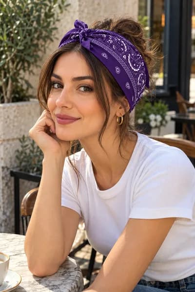 Mor Paisley Desenli %100 Pamuk Bandana 50x50 cm