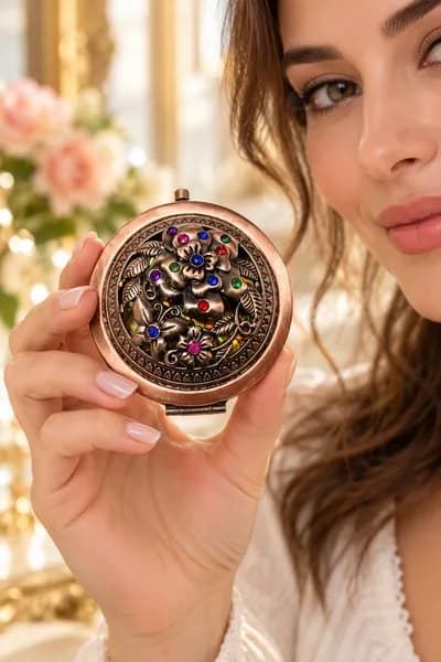 Makyaj Aynası Vintage İşlemeli Taşlı Metal Çift Taraflı Cep Aynası – Hediyelik Çanta İçi Taşınabilir Ayna