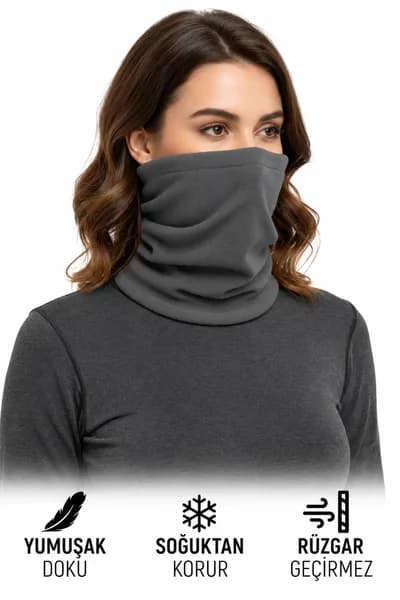 Gri Polar Soğuk Geçirmez Boyunluk Unisex Pamuklu Kışlık Ayarlanabilir İpli Bere