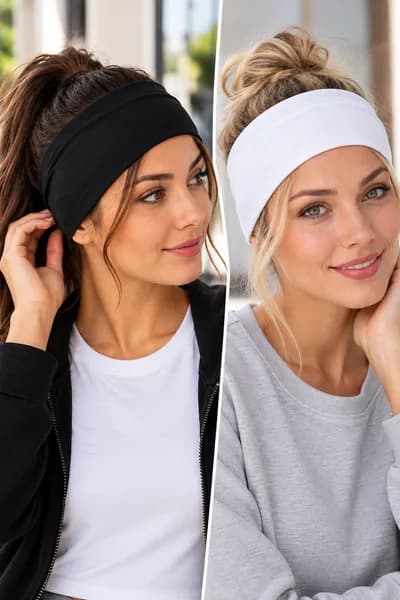 Siyah Beyaz 2'li Geniş Saç Bandı Seti 9 cm – Pamuklu Elastik Yoga ve Spor Bandanası