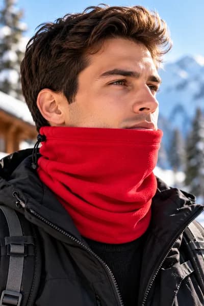 İpli Kırmızı Polar Boyunluk Bere ve Spor Maskesi