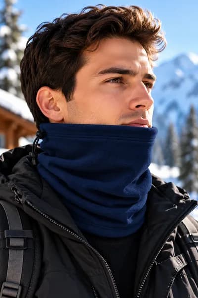 Lacivert Polar Soğuk Geçirmez Boyunluk Unisex Pamuklu Kışlık Ayarlanabilir İpli Bere