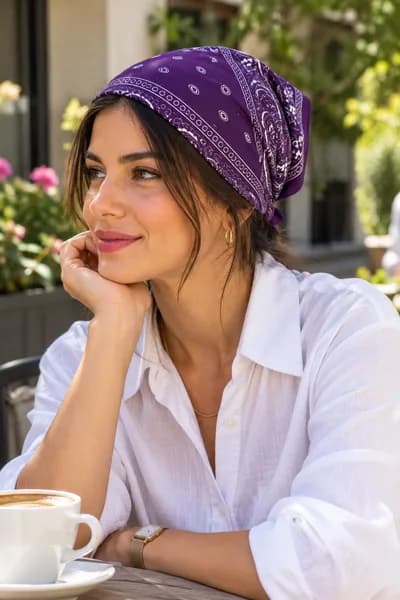 Mor Paisley Desenli %100 Pamuk Bandana 50x50 cm - Detay
