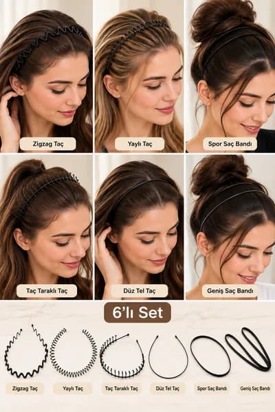 Sporcu Saç Bandı Zigzag Taç Yayı Taraklı Taç Saç Tel 6 lı Set Unisex - Detay