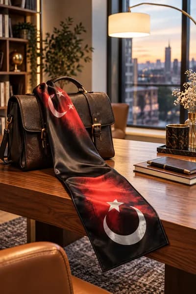 Ay Yıldız Saten Fular 116x18 cm – Dalgalı Türk Bayrağı Desenli Şık Fular - Detay