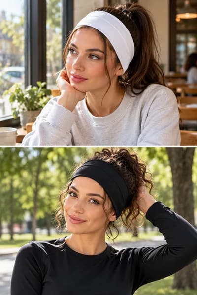 Siyah Beyaz 2'li Geniş Saç Bandı Seti 9 cm – Pamuklu Elastik Yoga ve Spor Bandanası - 2