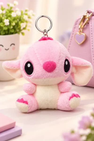 Sevimli Stitch Peluş Pembe Oyuncak Anahtarlık Süsü ve Takısı – 13-14 cm Çanta Süsü
