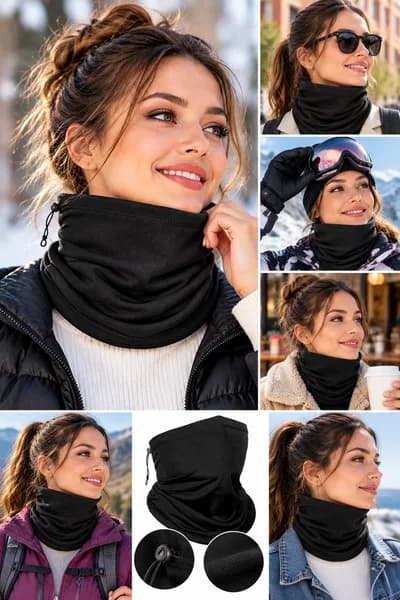 Siyah Termal Polar Soğuk Geçirmez Boyunluk Unisex Pamuklu Kışlık Ayarlanabilir İpli Bere - 2
