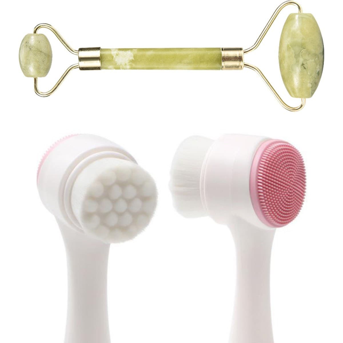TrdStore® 2'li Set Çift Taraflı Cilt Temizleme Fırçası ve Yeşim Taşı Çift Taraflı Cilt Masaj Aleti - Detay