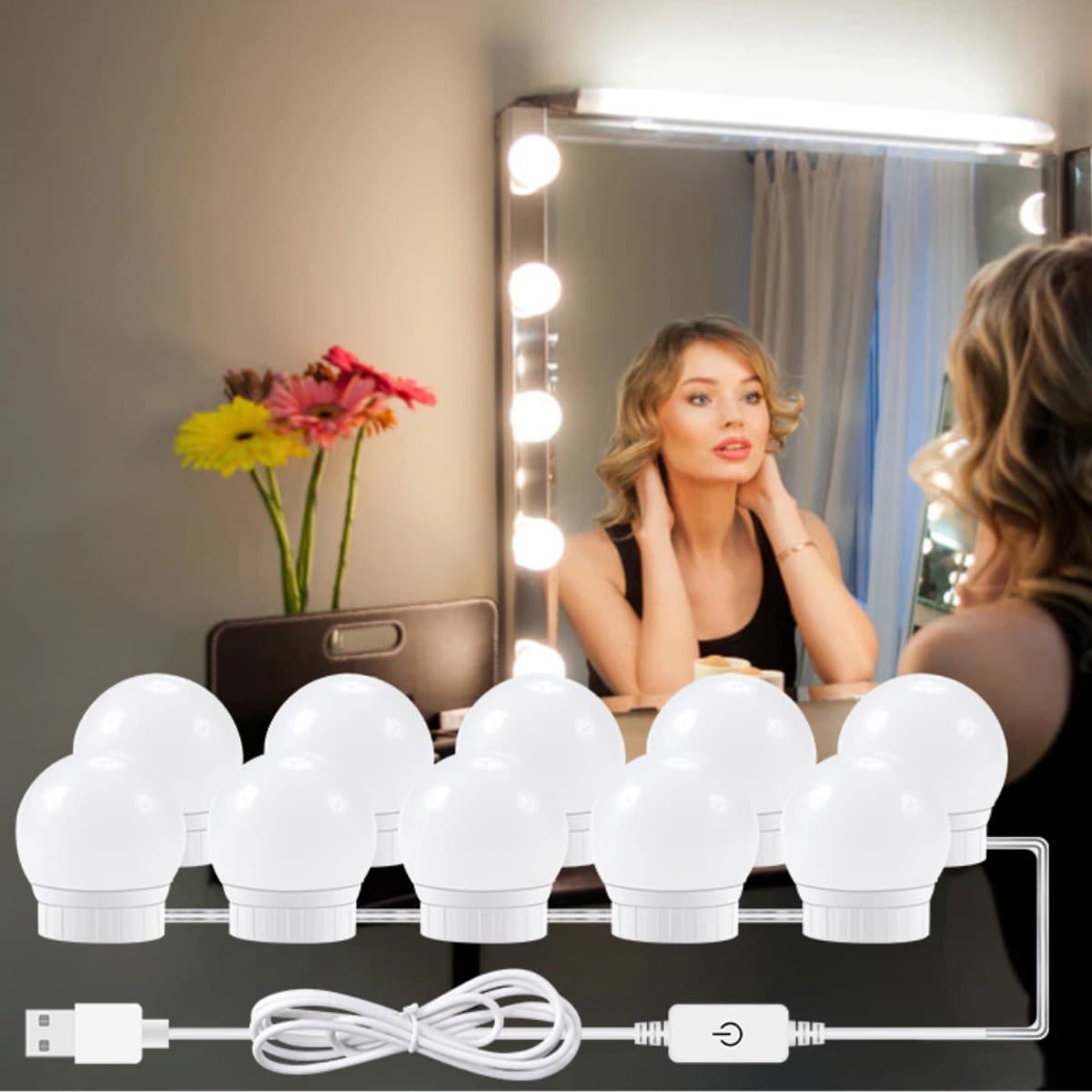 TrdStore® Nostalji Hollywood Tarzı 10'lu Makyaj Masası Aynası Beyaz Led Işıklı Lamba USB - Detay