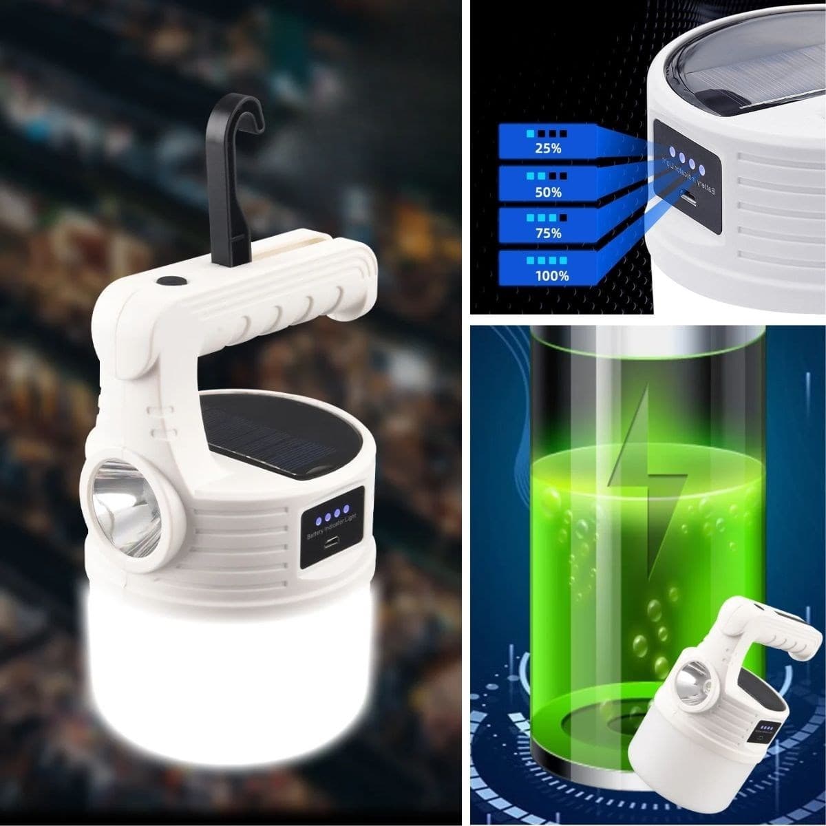 LED Güneş Enerjili Kamp Lambası–2000'lümen Süper Parlak, 5 Aydınlatma Modlu,USB ile Şarj Edilebilir - Detay