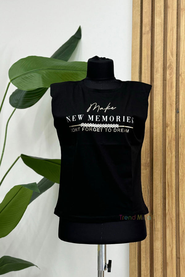 Kadın Bisiklet Yaka Payetli Vatkalı Tshirt New Memories Pamuk Basic Siyah