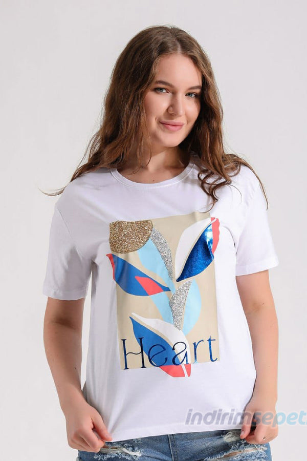 Kadın Beyaz Pamuklu T-Shirt Heart Kalp Süprem Kumaş