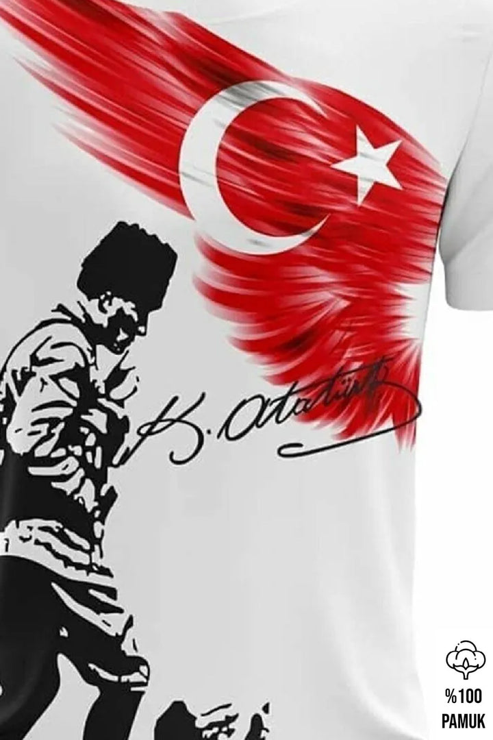 Kocatepe Mustafa Kemal Atatürk Imzası Ve Türk Bayrağı Baskılı T-shirt Yetişkin Kısal Kol T-shirt 23 Nisan 29 Ekim 10 Kasım