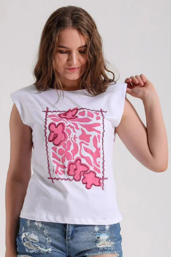 Kadın Beyaz Pamuklu T-Shirt Pembe Süprem Kumaş