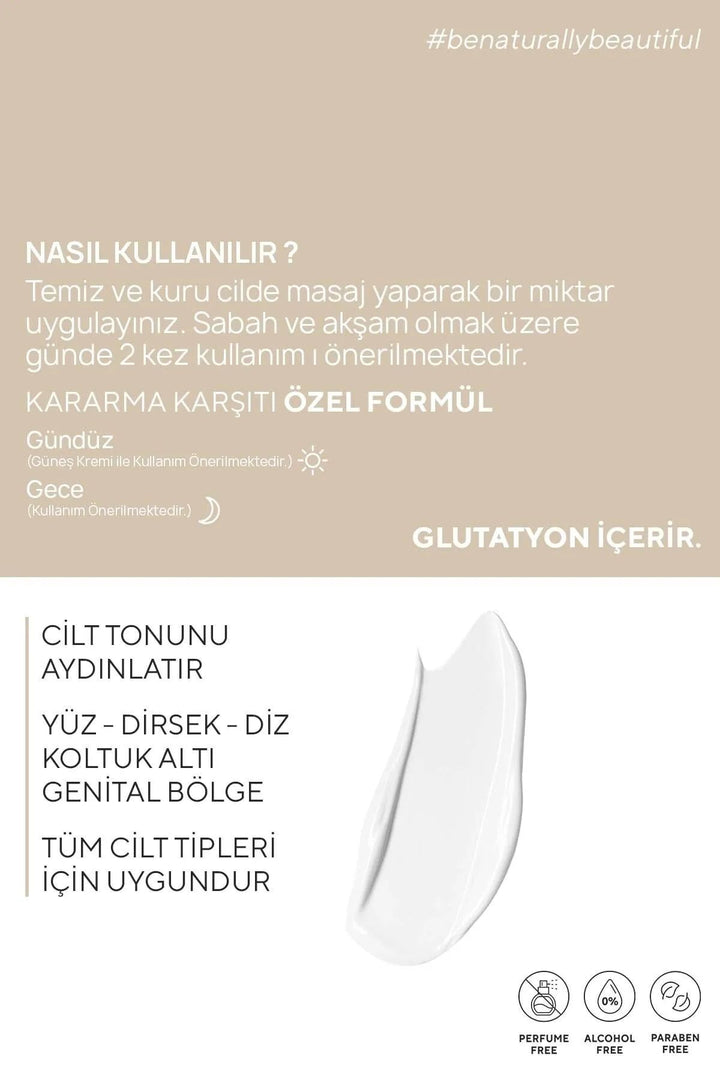 Cilt Beyazlatıcı Aydınlatıcı Glutatyonlu Leke Karşıtı Krem Kolajen, Niacinamide & Kojik Asitli 50 ml