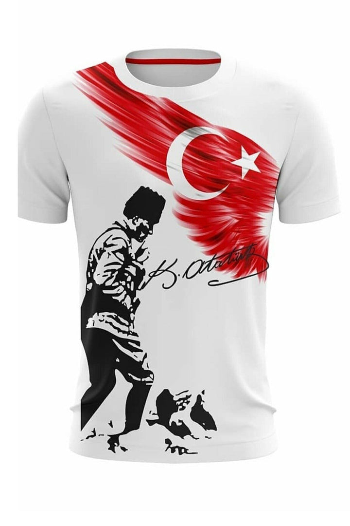 Kocatepe Mustafa Kemal Atatürk Imzası Ve Türk Bayrağı Baskılı T-shirt Yetişkin Kısal Kol T-shirt 23 Nisan 29 Ekim 10 Kasım