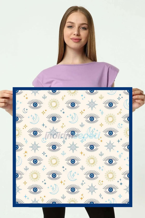 Saten Kumaş ipeksi Bandana Fular Nazar Mavi Krem Göz Evil Eye Blue Eye