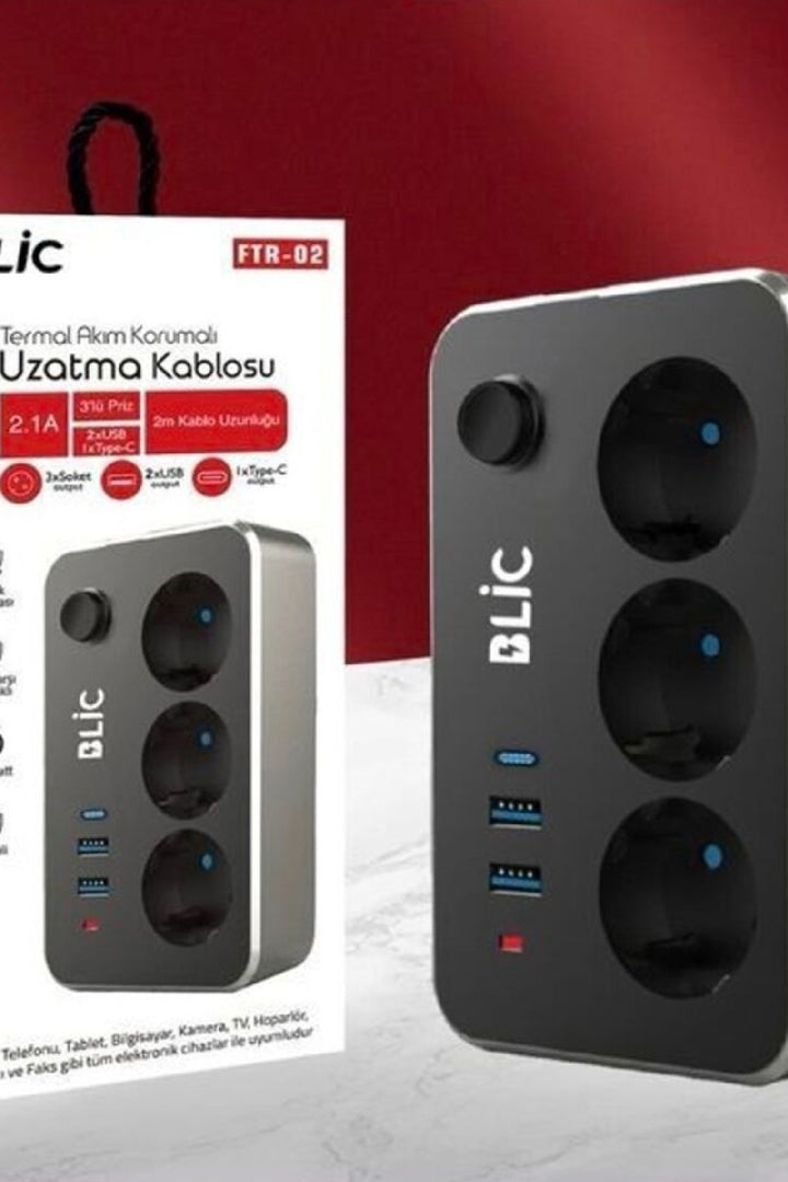 Blic Termal Akım Korumalı 3'lü Priz ve USB Şarj Istasyonu 2 Usb, 1 Type-C Ofis Ev