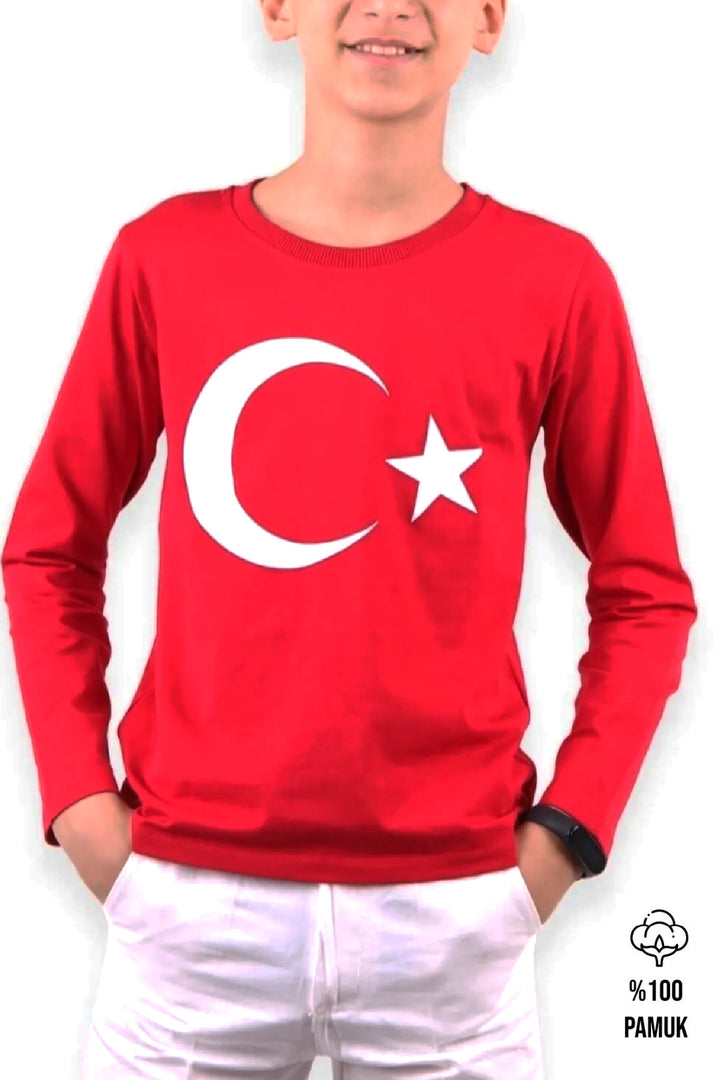 Ay Yıldız Unisex Çocuk Genç Uzun Kol T-shirt Ay Yıldızlı ve 23 Nisan 29 Ekim 10 Kasım Gösteri T-shirt