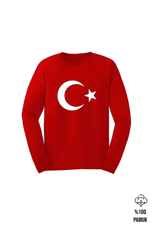 Ay Yıldız Unisex Çocuk Genç Uzun Kol T-shirt Ay Yıldızlı ve 23 Nisan 29 Ekim 10 Kasım Gösteri T-shirt