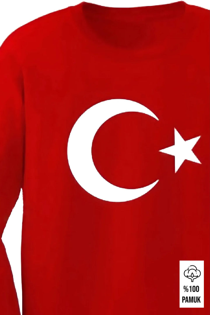 Ay Yıldız Unisex Çocuk Genç Uzun Kol T-shirt Ay Yıldızlı ve 23 Nisan 29 Ekim 10 Kasım Gösteri T-shirt