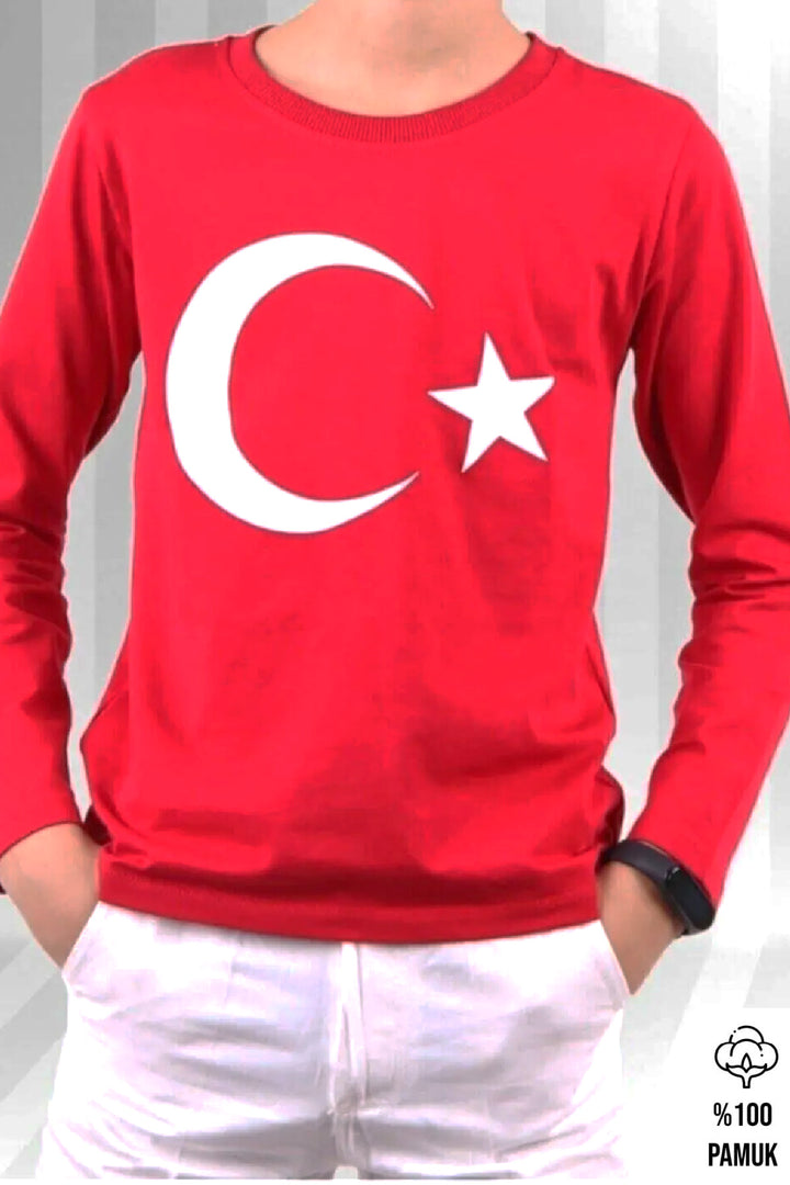 Ay Yıldız Unisex Çocuk Genç Uzun Kol T-shirt Ay Yıldızlı ve 23 Nisan 29 Ekim 10 Kasım Gösteri T-shirt