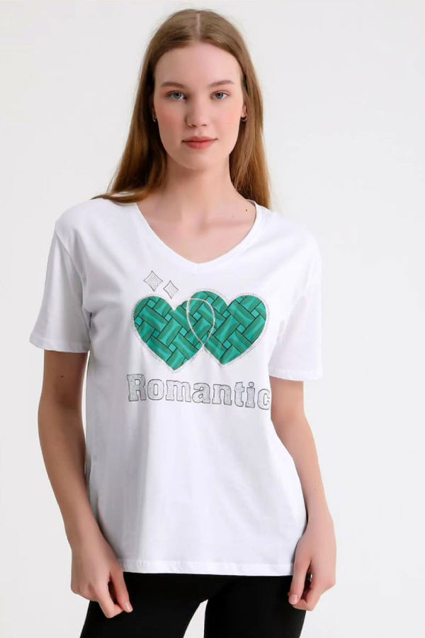 Kadın Beyaz Pamuklu T-Shirt Çift Kalpli Romantic Baskılı V Yaka Kısa Kol T-Shirt