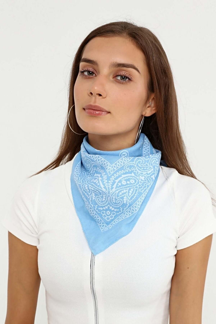 Etnik Desenli Bandana Fular %100 Pamuklu Saç Aksesuar Açık Mavi