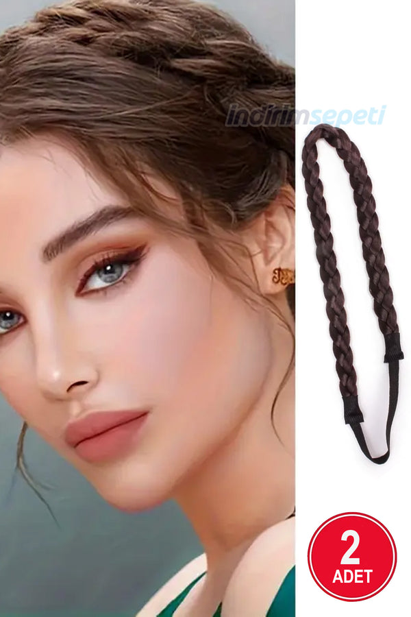 Örgülü Lastikli Saç Bandı Saç Aksesuar Hairband Kahverengi 2 Adet