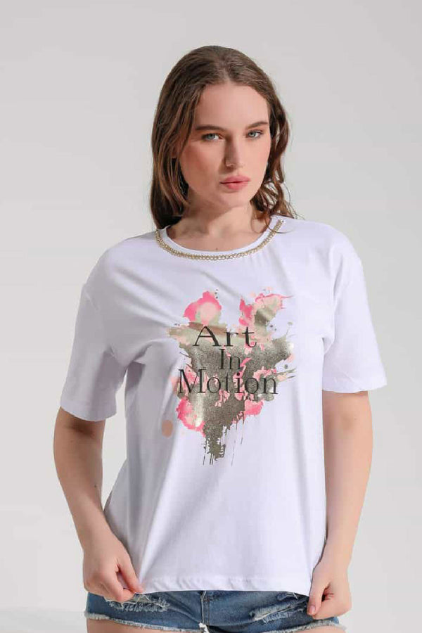 Kadın Beyaz Pamuklu T-Shirt Art in Motion Yuvarlak Yaka Kısa Kol T-Shirt