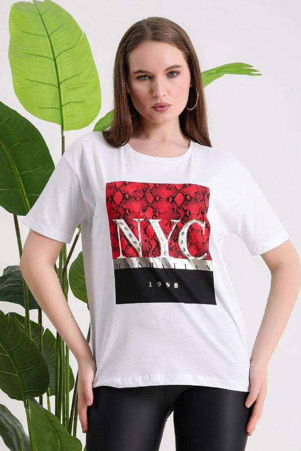 Kadın Beyaz Pamuklu T-Shirt New York Baskılı Yuvarlak Yaka Kısa Kol T-Shirt