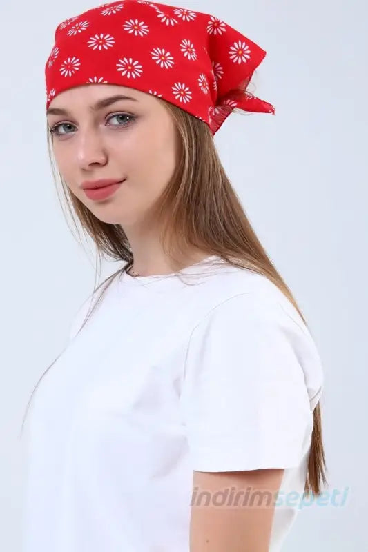 Bandana Fular Papatya Desenli %100 Pamuk Saç Aksesuar Kırmızı