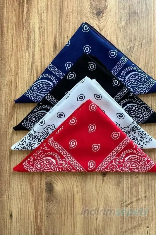 4 Adet Etnik Desenli Bandana Seti Siyah Kırmızı Lacivert Beyaz % 100 Pamuklu